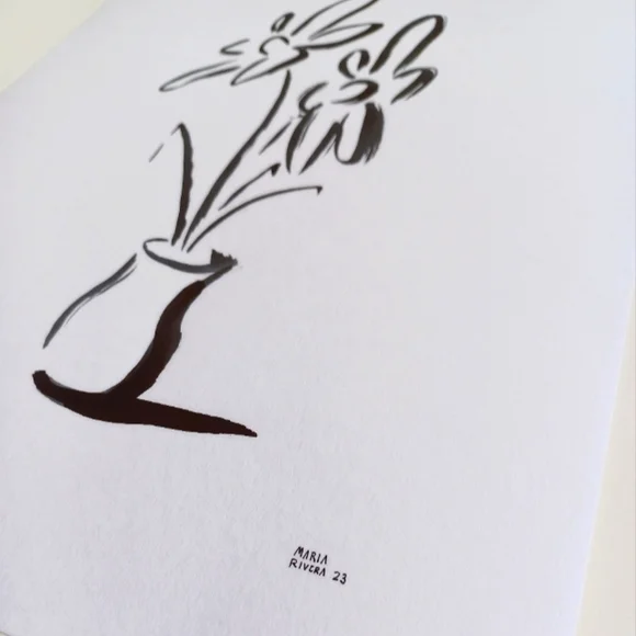 ORIGINAL ART 2 Flowers in Pot by Maria Rivera. 9x12" Black Ink Wall Art Painting - Picture 8 of 8